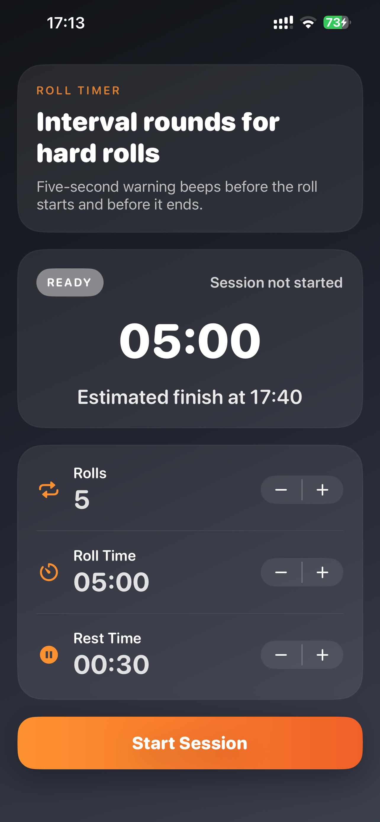 Roll Timer setup screen showing rounds, roll time, rest time, and estimated finish time